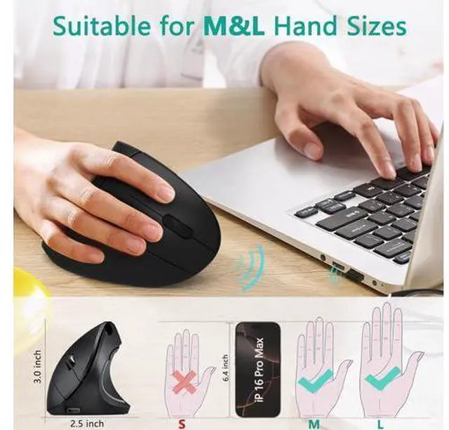 Alt view image 2 of 7 - Ergonomic Mouse Vertical Wireless Mouse - Rechargeable 2.4GHz Optical Vertical Mice : 3 Adjustable DPI 800/1200/1600 Levels 6 Buttons for Laptop PC Computer Desktop Notebook etc Black