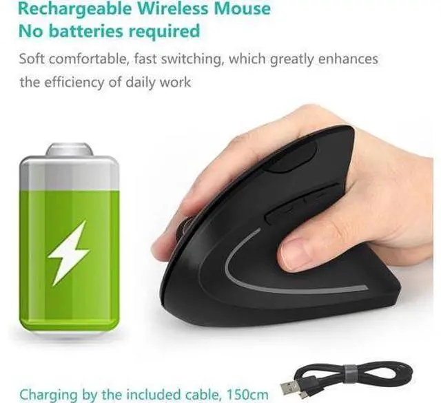 Alt view image 4 of 7 - Ergonomic Mouse Vertical Wireless Mouse - Rechargeable 2.4GHz Optical Vertical Mice : 3 Adjustable DPI 800/1200/1600 Levels 6 Buttons for Laptop PC Computer Desktop Notebook etc Black