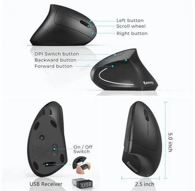 Alt view image 6 of 7 - Ergonomic Mouse Vertical Wireless Mouse - Rechargeable 2.4GHz Optical Vertical Mice : 3 Adjustable DPI 800/1200/1600 Levels 6 Buttons for Laptop PC Computer Desktop Notebook etc Black