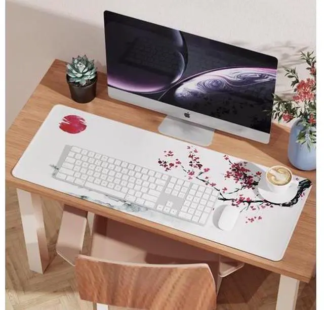 Alt view image 5 of 7 - Japanese Cherry Blossom White Mouse Pad (31.5 × 11.8 × 0.12 inch) Extended Large Mouse Mat Desk Pad, Stitched Edges Mousepad,Non-Slip Rubber Base,Gaming Mouse Pad XL,Office & Home.