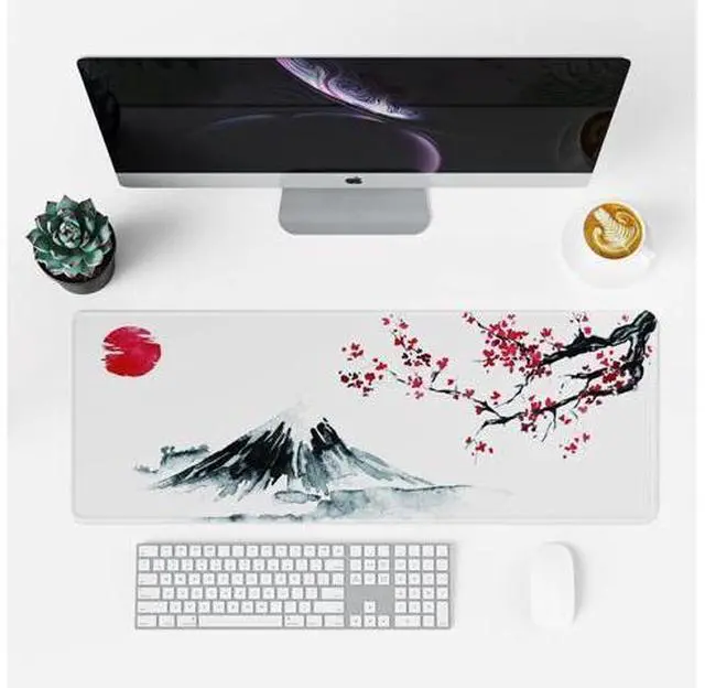 Alt view image 4 of 7 - Japanese Cherry Blossom White Mouse Pad (31.5 × 11.8 × 0.12 inch) Extended Large Mouse Mat Desk Pad, Stitched Edges Mousepad,Non-Slip Rubber Base,Gaming Mouse Pad XL,Office & Home.