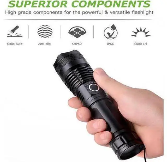 Alt view image 2 of 5 - LED Flashlights, 10000 Lumen Super Bright Tactical Flashlight, Rechargeable Flash Light, 5 Modes Zoomable Waterproof Flash Lights for Emergency, Camping, Hiking, Outdoor, Home