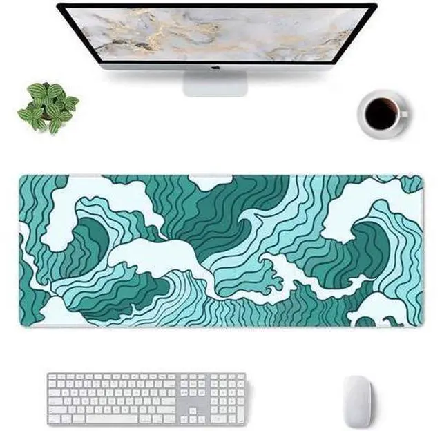 Alt view image 2 of 7 - Japanese Green and White Wave Gaming Mouse Pad XL Non Slip Rubber Base Mousepad Stitched Edges Desk Pad Extended Large Mice Pad 31.5 X 11.8 Inch