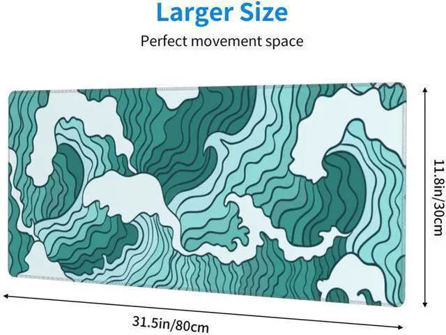 Alt view image 3 of 7 - Japanese Green and White Wave Gaming Mouse Pad XL Non Slip Rubber Base Mousepad Stitched Edges Desk Pad Extended Large Mice Pad 31.5 X 11.8 Inch