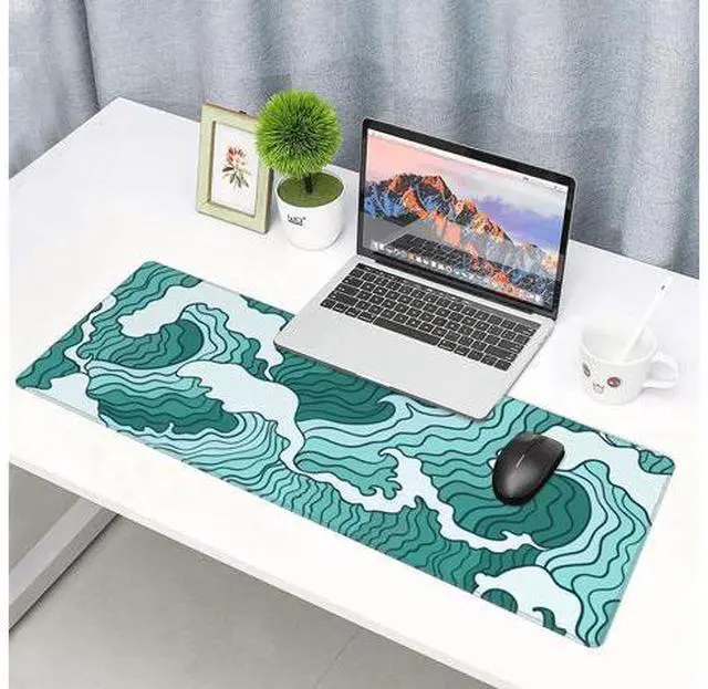 Alt view image 7 of 7 - Japanese Green and White Wave Gaming Mouse Pad XL Non Slip Rubber Base Mousepad Stitched Edges Desk Pad Extended Large Mice Pad 31.5 X 11.8 Inch