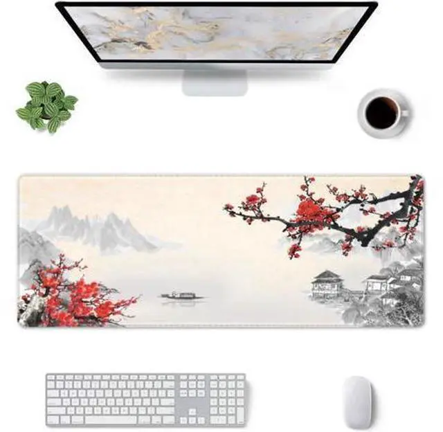 Alt view image 2 of 7 - Japanese Cherry Blossom Gaming Mouse Pad Extended Large Mouse Mat Desk Pad Stitched Edges Mousepad 3mm Thick Long Non-Slip Rubber Base Mice Pad 31.5 X 11.8 Inch
