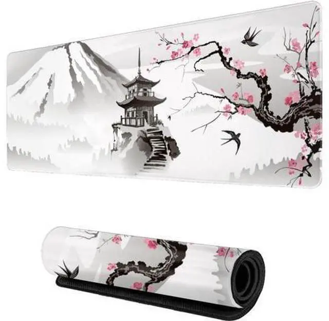 Main image of Japanese Cherry Blossom White Gaming Mouse Pad XL Extended Large Mouse Mat Desk Pad Stitched Edges Mousepad Long Nonslip Rubber Base Mice Pad 31.5 X 11.8 Inch