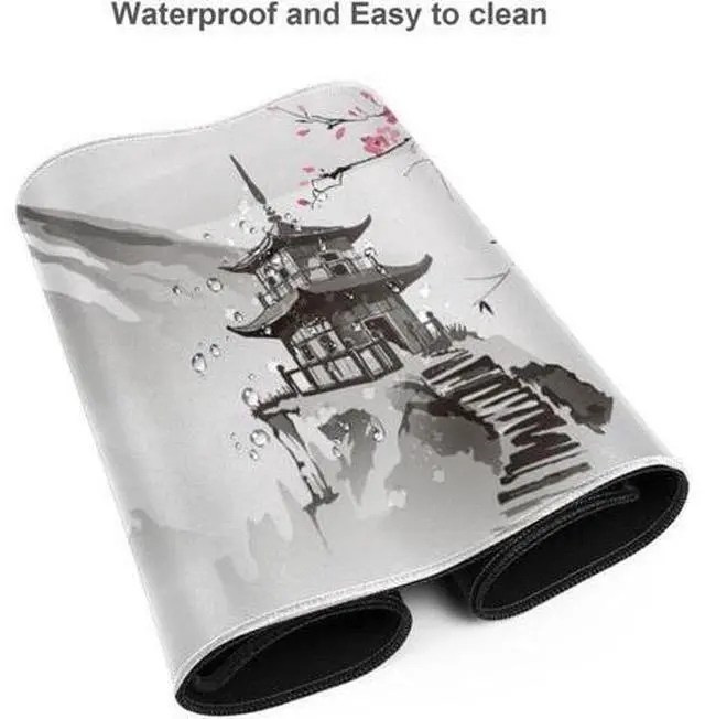 Alt view image 3 of 6 - Japanese Cherry Blossom White Gaming Mouse Pad XL Extended Large Mouse Mat Desk Pad Stitched Edges Mousepad Long Nonslip Rubber Base Mice Pad 31.5 X 11.8 Inch