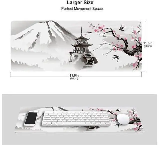 Alt view image 6 of 6 - Japanese Cherry Blossom White Gaming Mouse Pad XL Extended Large Mouse Mat Desk Pad Stitched Edges Mousepad Long Nonslip Rubber Base Mice Pad 31.5 X 11.8 Inch
