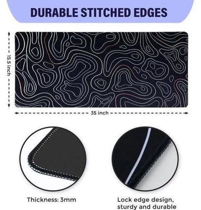 Alt view image 3 of 7 - Large Gaming Mouse Pad with Stitched Edges Minimalist Topographic Map Desk Mat Extended XL Mousepad with Anti-Slip Base Cool Desk Pad for Keyboard and Mouse 35 x 15.5 in