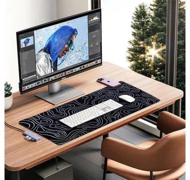 Alt view image 7 of 7 - Large Gaming Mouse Pad with Stitched Edges Minimalist Topographic Map Desk Mat Extended XL Mousepad with Anti-Slip Base Cool Desk Pad for Keyboard and Mouse 35 x 15.5 in