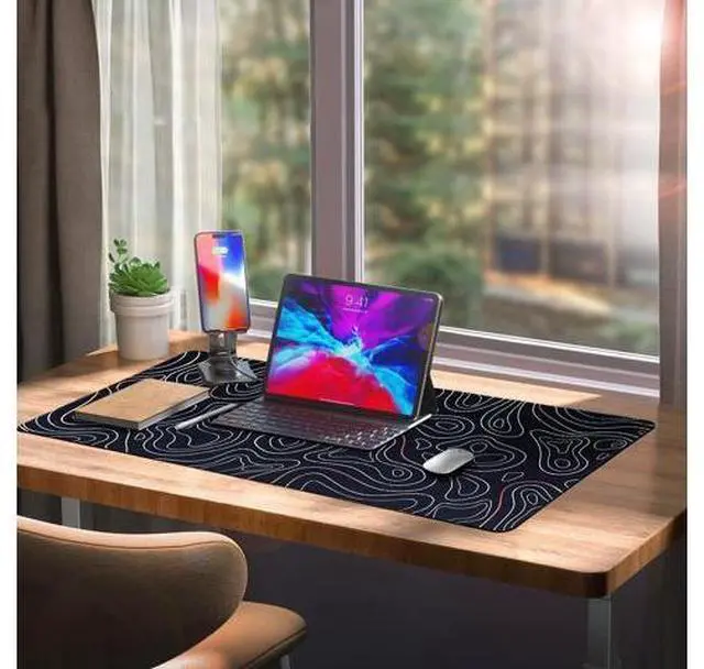 Alt view image 2 of 7 - Large Gaming Mouse Pad with Stitched Edges Minimalist Topographic Map Desk Mat Extended XL Mousepad with Anti-Slip Base Cool Desk Pad for Keyboard and Mouse 35 x 15.5 in