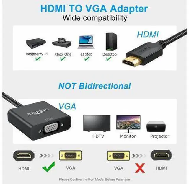 Alt view image 2 of 7 - HDMI to VGA Adapter 5 Pack Black HDMI to VGA Adapter Male to Female Cable 1080P for Desktop Laptop PC Monitor Projector HDTV Chromebook Raspberry Pi Roku Xbox and More-Braided