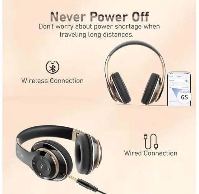 Alt view image 4 of 7 - Bluetooth Headphones Over Ear, 6S Wireless Headphones Wired with 6 EQ Modes, 40 Hours Playtime Foldable HiFi Stereo Headset with Microphone, FM/TF for Cellphone/PC/Work (Black & Gold)