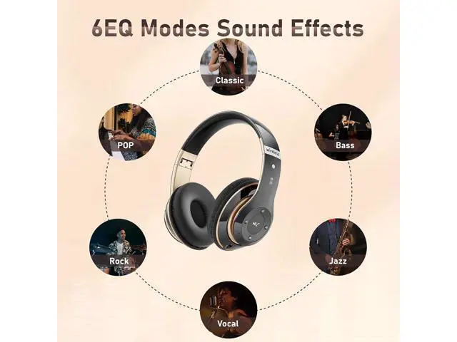 Alt view image 5 of 7 - Bluetooth Headphones Over Ear, 6S Wireless Headphones Wired with 6 EQ Modes, 40 Hours Playtime Foldable HiFi Stereo Headset with Microphone, FM/TF for Cellphone/PC/Work (Black & Gold)