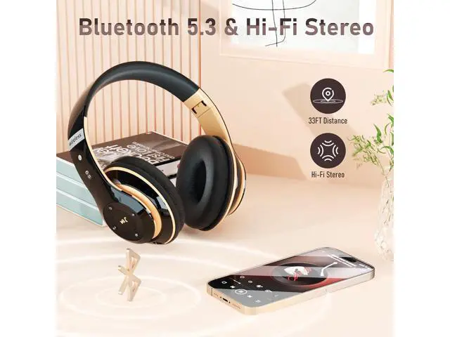 Alt view image 6 of 7 - Bluetooth Headphones Over Ear, 6S Wireless Headphones Wired with 6 EQ Modes, 40 Hours Playtime Foldable HiFi Stereo Headset with Microphone, FM/TF for Cellphone/PC/Work (Black & Gold)