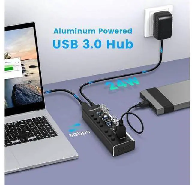 Alt view image 2 of 7 - USB Hub 3.0 Powered Aluminum 7 Ports USB 3.0 Data Hub Splitter with 24W (12V/2A) Power Adapter and Individual On/Off Switches USB Port Expander for PC and Laptop (RSH-A37S)