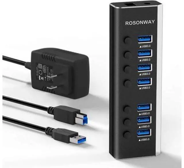 Main image of USB Hub 3.0 Powered Aluminum 7 Ports USB 3.0 Data Hub Splitter with 24W (12V/2A) Power Adapter and Individual On/Off Switches USB Port Expander for PC and Laptop (RSH-A37S)