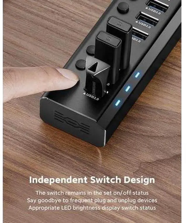Alt view image 5 of 7 - USB Hub 3.0 Powered Aluminum 7 Ports USB 3.0 Data Hub Splitter with 24W (12V/2A) Power Adapter and Individual On/Off Switches USB Port Expander for PC and Laptop (RSH-A37S)