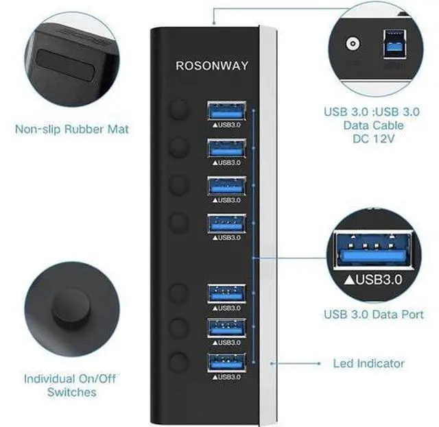 Alt view image 7 of 7 - USB Hub 3.0 Powered Aluminum 7 Ports USB 3.0 Data Hub Splitter with 24W (12V/2A) Power Adapter and Individual On/Off Switches USB Port Expander for PC and Laptop (RSH-A37S)