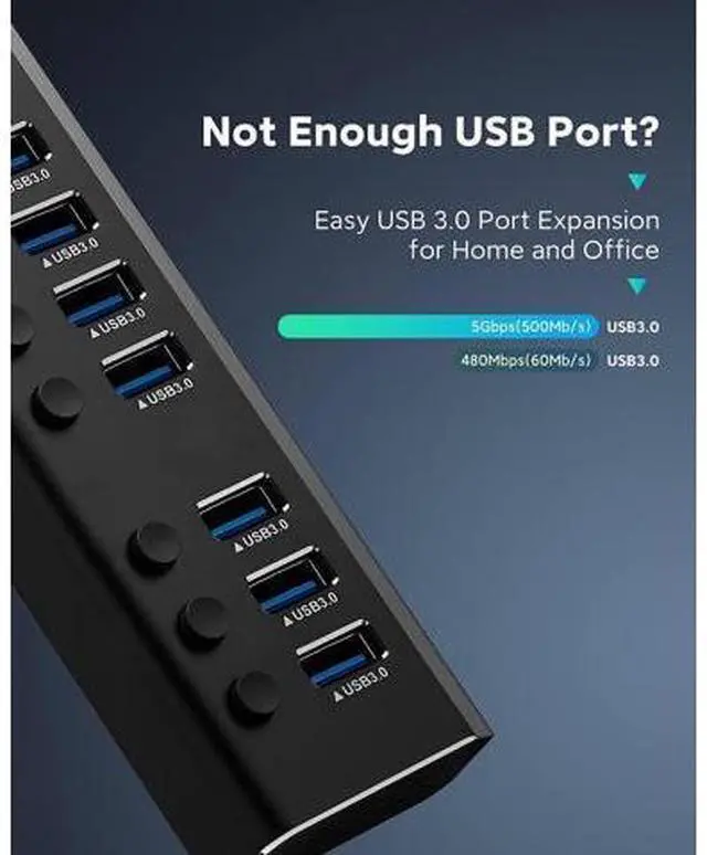 Alt view image 6 of 7 - USB Hub 3.0 Powered Aluminum 7 Ports USB 3.0 Data Hub Splitter with 24W (12V/2A) Power Adapter and Individual On/Off Switches USB Port Expander for PC and Laptop (RSH-A37S)