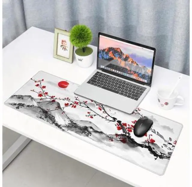 Alt view image 2 of 7 - Watercolor Japanese Cherry Blossom Mouse Pad 31.5 X 11.8 Inch XL Red Floral Design Extended Gaming Mousepad Large Non-Slip Rubber Base Keyboard Desk Mat with Stitched Edges for Gaming and Office