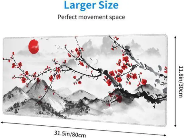 Alt view image 3 of 7 - Watercolor Japanese Cherry Blossom Mouse Pad 31.5 X 11.8 Inch XL Red Floral Design Extended Gaming Mousepad Large Non-Slip Rubber Base Keyboard Desk Mat with Stitched Edges for Gaming and Office