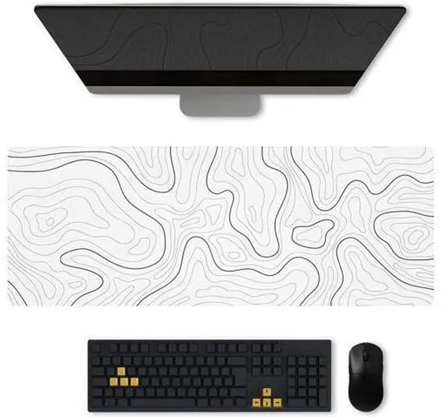 Alt view image 2 of 7 - Gaming Mouse Pad with Topographic Design Extended Large Cool Mousepad for Desk 31.5 x 11.8 in Non-Slip Base Stitched Edges for Gaming and Office Work (White)