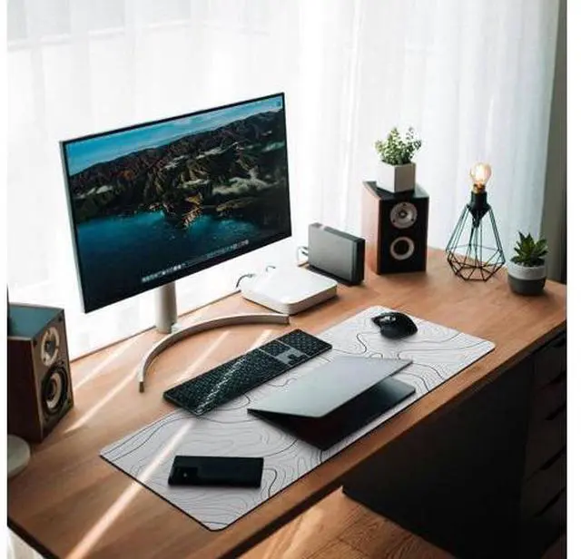 Alt view image 6 of 7 - Gaming Mouse Pad with Topographic Design Extended Large Cool Mousepad for Desk 31.5 x 11.8 in Non-Slip Base Stitched Edges for Gaming and Office Work (White)