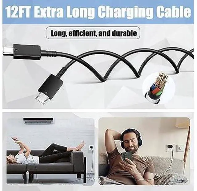 Alt view image 3 of 6 - 45W USB-C Super Fast Charger Type C Wall Charger Block with 12FT C Charging Cable Cord Android Phone Charger for Samsung Galaxy S23 Ultra/S23/S23+/S22 Ultra/S20/S21, Galaxy Tab S7/S8, 2Pack