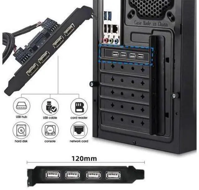 Alt view image 2 of 7 - 4 Port USB 2.0 Front Panel Header 9Pin 2 Male to 4 USB 2.0 Female Chassis Back Panel Port Extension Cable 30cm with 120mm PCI-E Slot Bracket