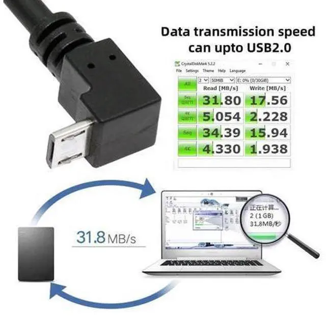 Alt view image 3 of 7 - 2 Pack USB to Micro USB Cable,USB 2.0 Male to Micro USB 5Pin Male Charge Data Transfer 90 Degree UP/Down Angled Extension Cable 0.32FT/0.1M
