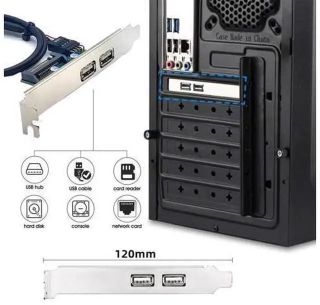 Alt view image 2 of 7 - 2 Port USB 2.0 Front Panel Header 9Pin 1 Male to 2 USB 2.0 Female Chassis Back Panel Port Extension Cable 30cm with 120mm PCI-E Slot Bracket