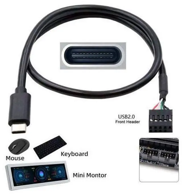 Alt view image 2 of 7 - USB 2.0 Front Panel Header 9/10Pin to USB C Male Mainboard Header Port Data Extension Cable Adapter 0.5M