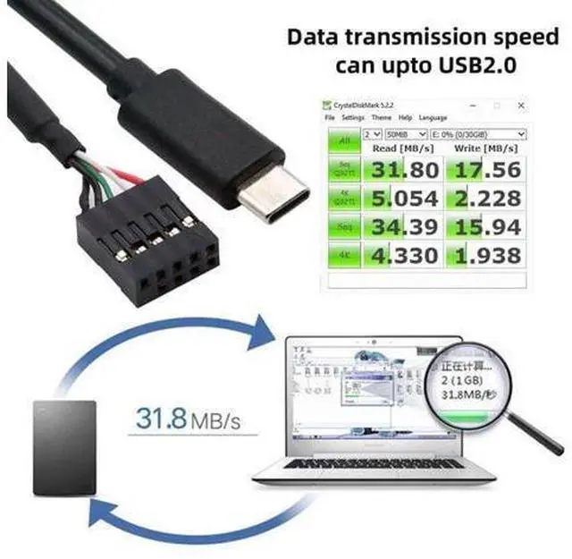 Alt view image 7 of 7 - USB 2.0 Front Panel Header 9/10Pin to USB C Male Mainboard Header Port Data Extension Cable Adapter 0.5M