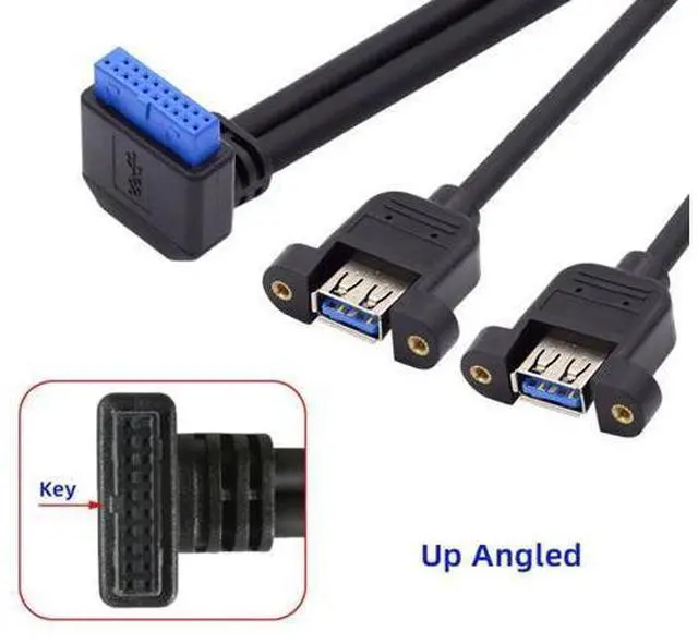Alt view image 2 of 7 - 2 Ports USB 3.0 Female to Motherboard 20Pin Male Cable for Front Panel Screw Mount Type 30cm 90 Degree UP Angled