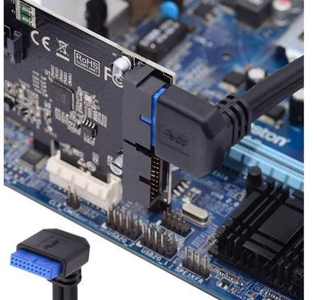 Alt view image 6 of 7 - 2 Ports USB 3.0 Female to Motherboard 20Pin Male Cable for Front Panel Screw Mount Type 30cm 90 Degree UP Angled