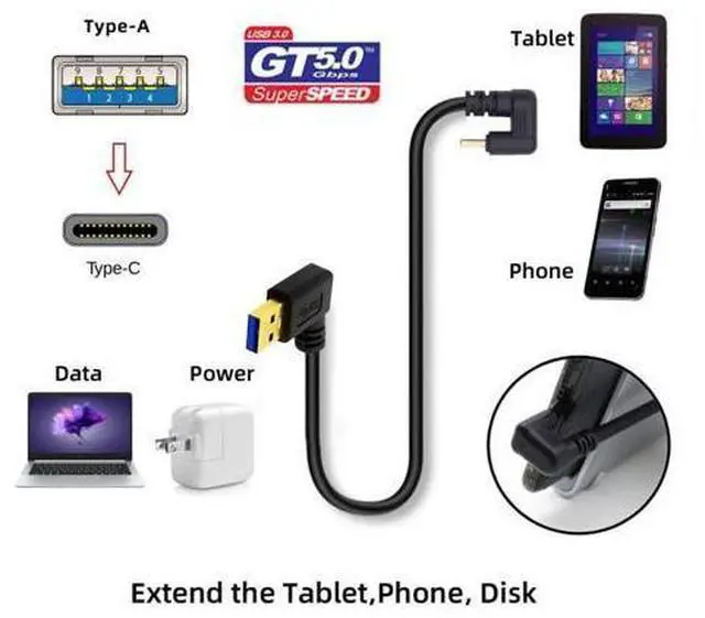 Alt view image 4 of 7 - USB 3.0 to USB C Cable USB 3.0 90 Degree Left Angled to USB C 180 Degree U Shape Angled Charging Data Transfer Extension Cable 0.3M