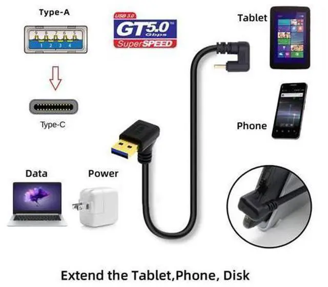 Alt view image 4 of 7 - USB 3.0 to USB C Cable USB 3.0 90 Degree UP Angled to USB C 180 Degree U Shape Angled Charging Data Transfer Extension Cable 0.3M