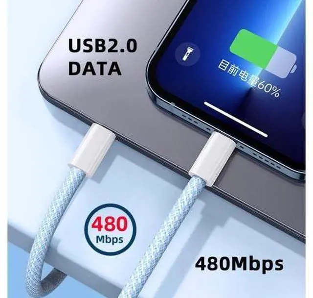 Alt view image 4 of 7 - USB C Nylon Braided Cable USB C Male to Male 480Mbps Data Transfer PD 27W/65W Fast Charging Cable Blue 6.56FT/2.0M