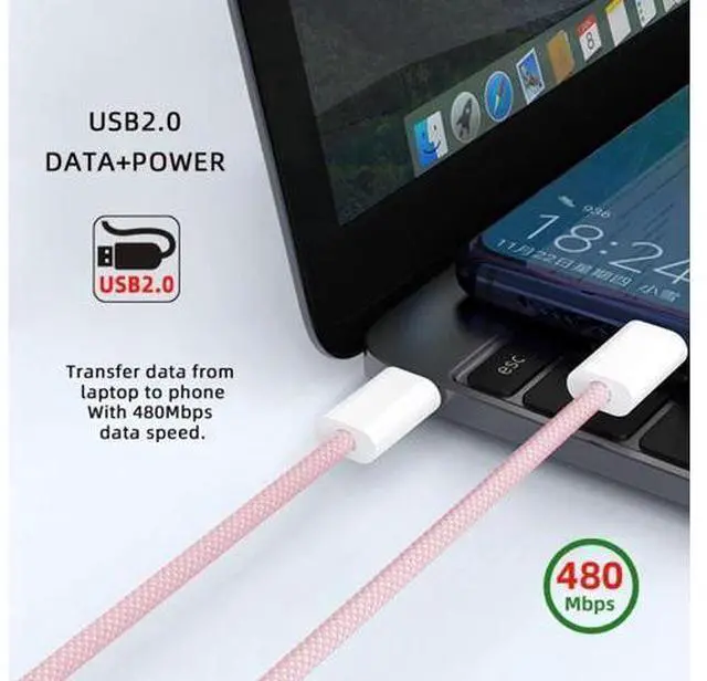 Alt view image 4 of 7 - USB C Nylon Braided Cable USB C Male to Male 480Mbps Data Transfer PD 27W/65W Fast Charging Cable Pink 9.84FT/3.0M