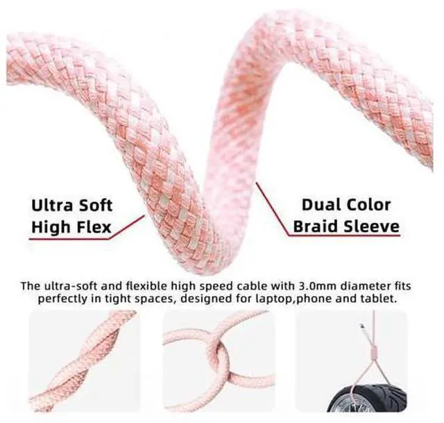 Alt view image 6 of 7 - USB C Nylon Braided Cable USB C Male to Male 480Mbps Data Transfer PD 27W/65W Fast Charging Cable Pink 9.84FT/3.0M