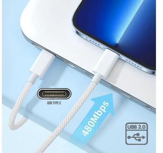 Alt view image 4 of 7 - USB C to C Nylon Braided Cable USB C PD 27W 65W 480Mbps Data Charger Cable White for Phone & Tablet & Laptop 2.0M