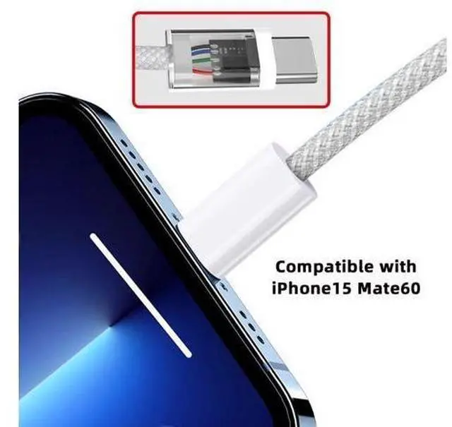 Alt view image 5 of 7 - USB C to C Nylon Braided Cable USB C PD 27W 65W 480Mbps Data Charger Cable White for Phone & Tablet & Laptop 2.0M