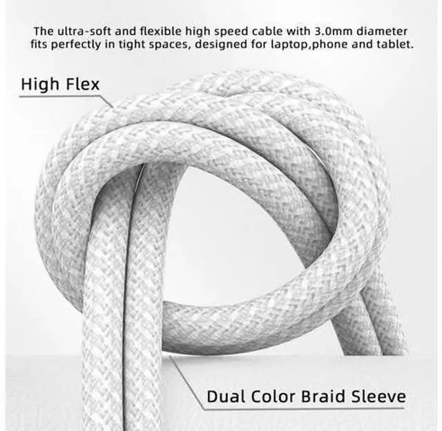 Alt view image 6 of 7 - USB C to C Nylon Braided Cable USB C PD 27W 65W 480Mbps Data Charger Cable White for Phone & Tablet & Laptop 2.0M