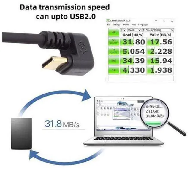 Alt view image 4 of 7 - USB2.0 Type-A to Type C USB-C Male to Male Power Data Cable 5Gbps USB-C Opposite U Shape Back Angled