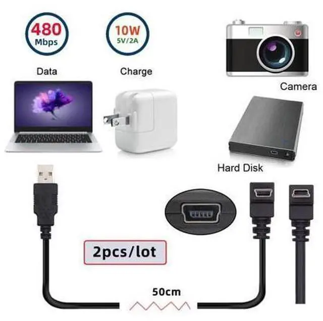 Alt view image 2 of 7 - 2 Pack Mini USB Cable,USB 2.0 Male to Mini USB 5 Pin Male 90 Degree UP/Down Angled Charging Data Transfer Extension Cable Black 1.64FT/0.5M