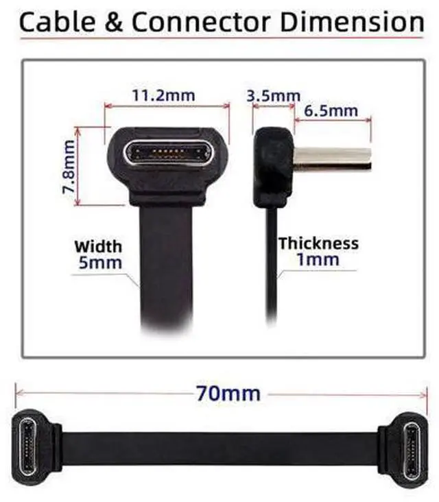Alt view image 2 of 7 - USB-C Type C to USB-C Ultra Slim Flat Power USB2.0 Data Cable Angled Connector 65W Fast Charge for Laptop Tablet Phone