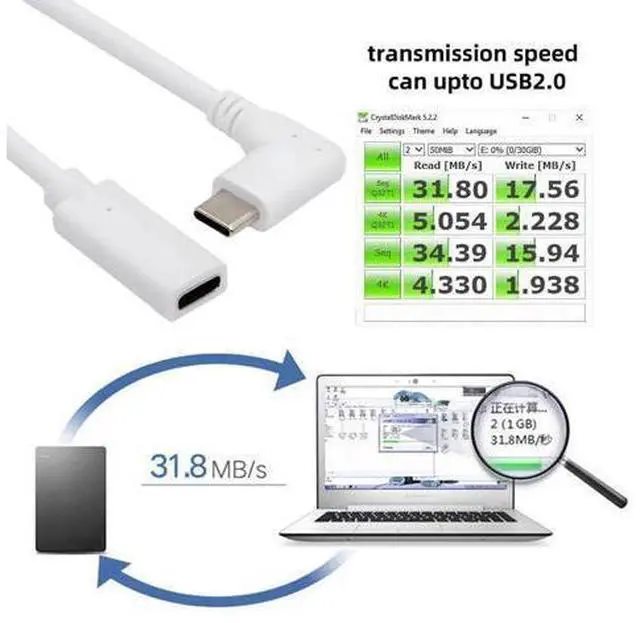 Alt view image 2 of 7 - Cable White USB-C Type-C Male to Female Extension Power USB2.0 Data Cable 90 Degree Left Right Angled 65W Fast Charge for Laptop Tablet Phone