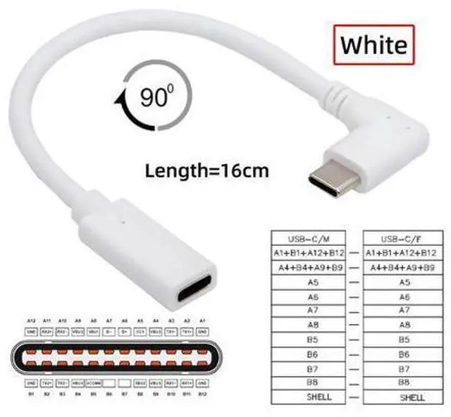 Alt view image 7 of 7 - Cable White USB-C Type-C Male to Female Extension Power USB2.0 Data Cable 90 Degree Left Right Angled 65W Fast Charge for Laptop Tablet Phone